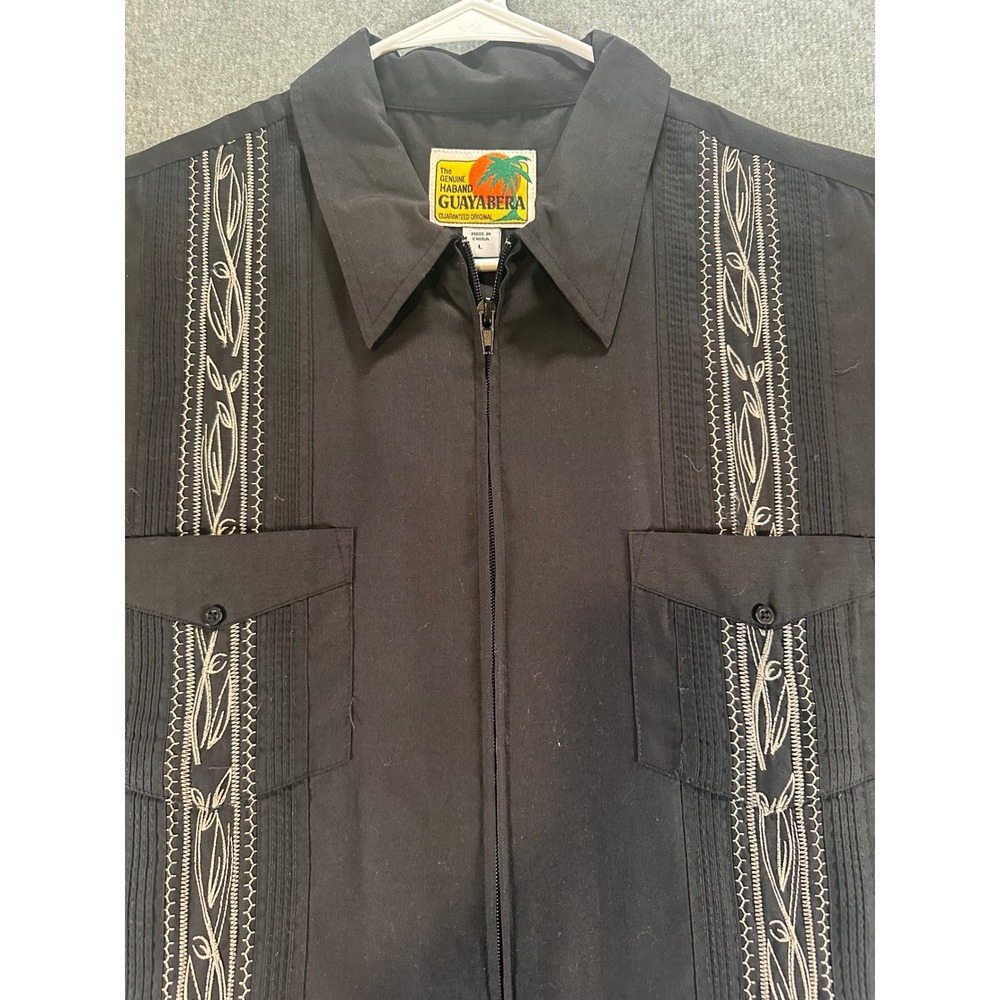 Haband Guayabera Mens Large‎ Black Full Zip Short Sleeve Embroidered Shirt L